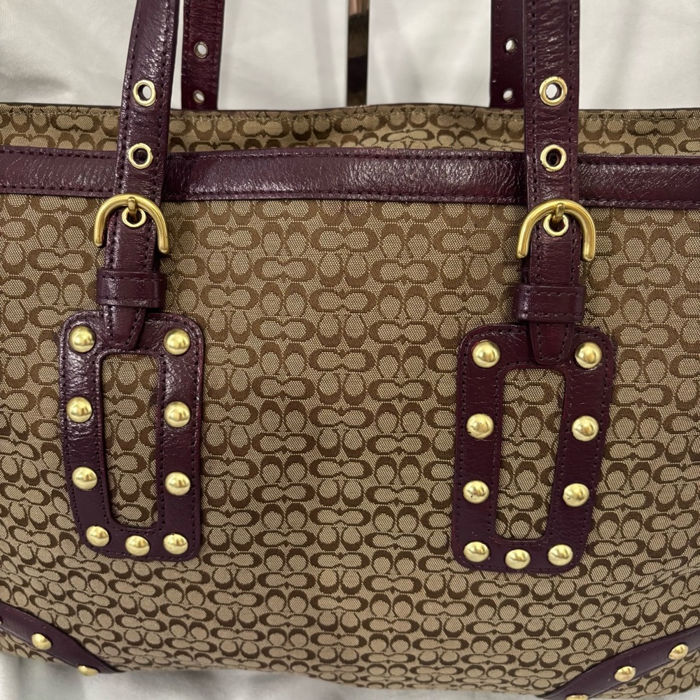 Coach Vintage Studded Signature C Shoulder Bag Tote Large Brown Burgundy Leather - Picture 7 of 14